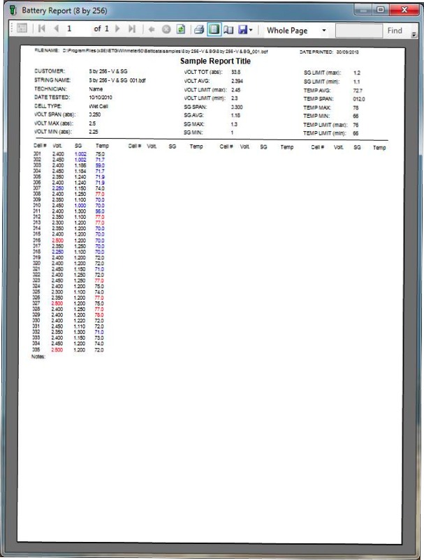 Tabular Battery Report - Static Mode